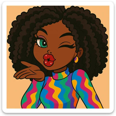 Headshot of a 20-year-old anime Bratz style woman with dark skin, curly hair, winking and blowing a kiss, bold colorful fashion-forward look, big expressive eyes, glossy lips, happy expression, no hat, no tears. sticker