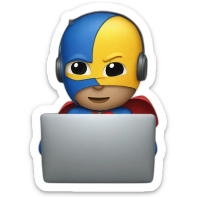 person at computer dressed as superhero sticker