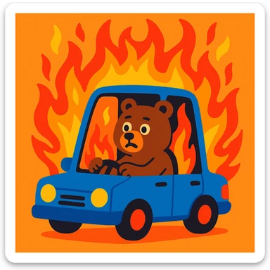 a brown bear sitting inside a blue car that is on fire, cartoon style, vibrant colors, expressive flames sticker