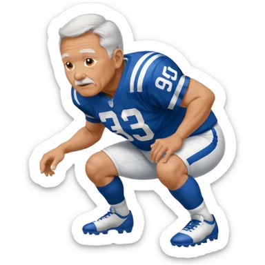 A grandpa playing football wearing an Indianapolis Colts jersey is. Show him kind of crouch down to the ground, holding the football and show  back of his jersey. sticker