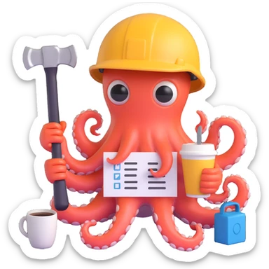 A tired worker wearing a helmet, depicted as an octopus with multiple tentacles holding various tools and items, including a hammer, a checklist with tasks, a wrench, a saw, and a coffee cup sticker