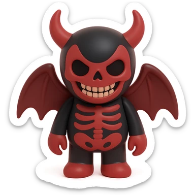 horrifying monster with skeletal features, tattered wings, sinister grin, dark red and black colors, vinyl figure style sticker