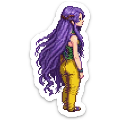 Girl with long purple hair that flows down her back, pixel art style sticker