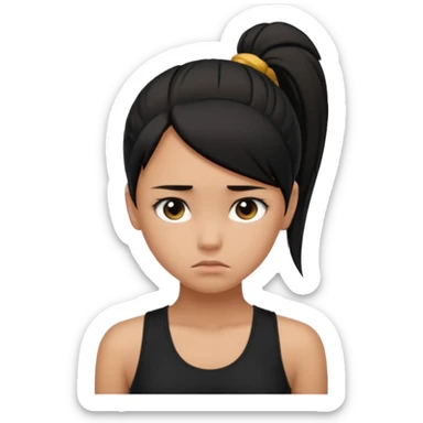 a tan girl with a black ponytail, black tank top, . Looking sad sticker