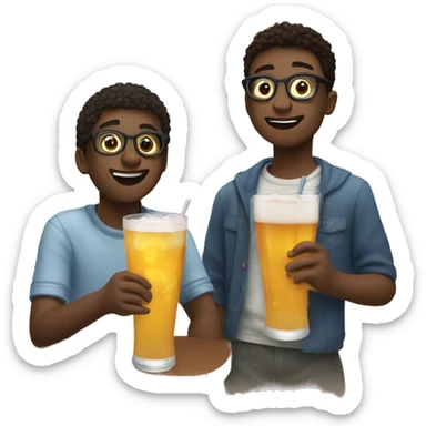 boys enjoying drinks indoors, boy on the right has glasses sticker