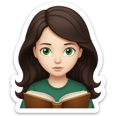 Long wavy dark brown haired, white skinned, dark green eyed girl reading a book sticker