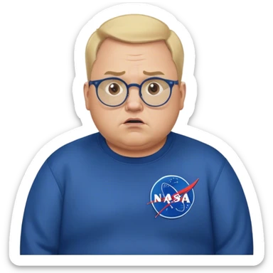 angry chubby man, with blond short and hight receding hairline, wears a dark blue sweatshirt, nasa logo on the sweatshirt, round glasses without frame, 40 years old sticker