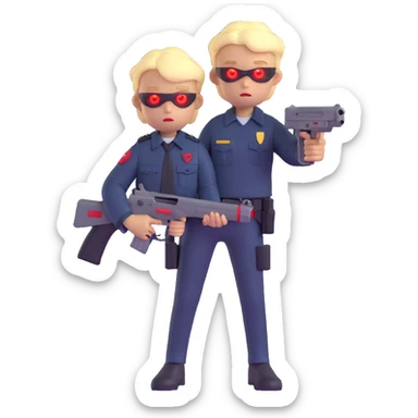 blonde boy with red glowing eyes holding a gun sticker