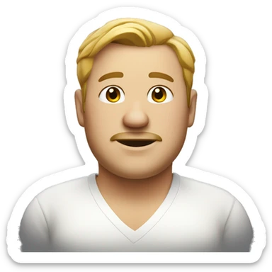 a slightly fat man with a white shirt, no beard and smiling sticker