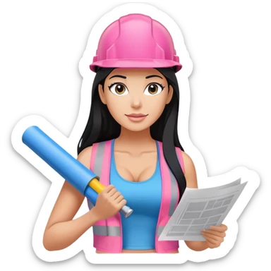 pink construction hat, blue print in hand, long black hair tanned woman, black sports bra, pink vest, sexy sticker