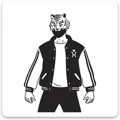 Tony from Hotline Miami, muscular man in varsity jacket with tiger mask, black doodle style sticker