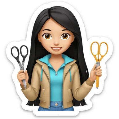 a pretty tan bratz girl with black long straight hair smiling and holding scissors sticker