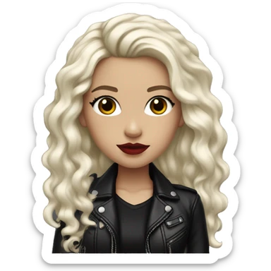 White girl, with long curly black hair, with red lipstick, black winged eyeliner, wearing black shirt and black leather jacket sticker