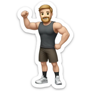 Close up Actively gesturing  with hands Pale skinned Fit Man With the biceps and brown hair in dark gray Sleeveless Mike, black oversize sports shorts, watch and white Sneakers sticker