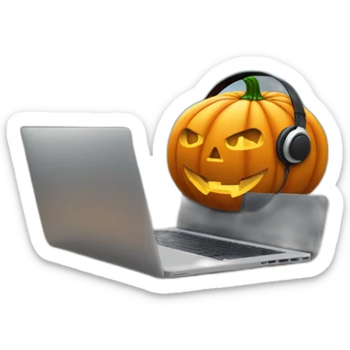 halloween pumpkin in headphones sitting in front of a laptop sticker