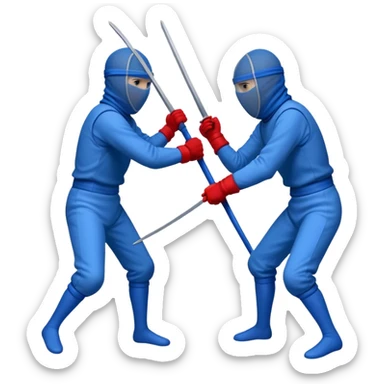 Two figures stick fencing, one fully red attacking, one fully blue defending. Both wear mesh-covered headgear, hiding their faces. No swords, only sticks. sticker