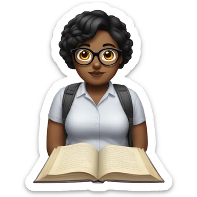Chubby girl black hair glasses book reading sticker