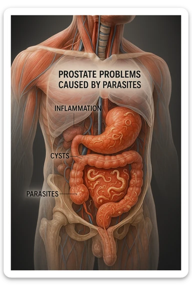 Vertical, hyper-realistic 3D cutaway illustration: the human body is shown in semi-transparent layers, exposing various types of problemi alla prostata a causa dei parassiti sticker