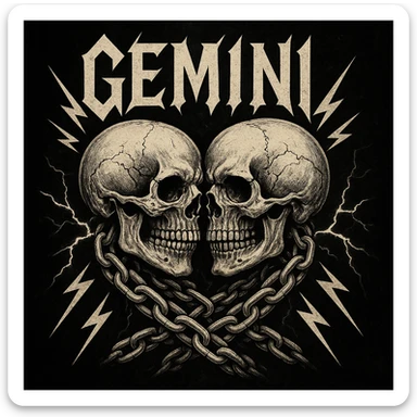 Twin skulls with Gemini theme, heavy metal band logo style, chains and lightning, dark background sticker