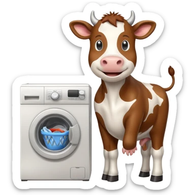 cartoon cow loading laundry into a washing machine sticker