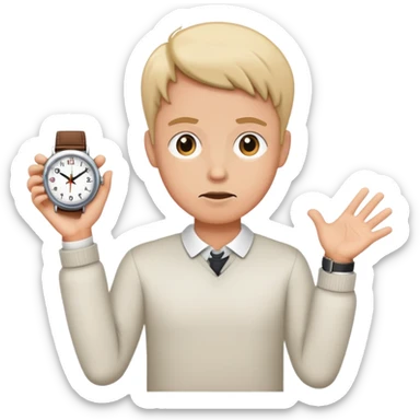 Person shrugging with a watch on sticker