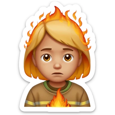 sad small child with street burning in the background, apple style emoji sticker
