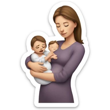  tired caucasian mother with brown hair, no smile,  holding newborn baby sticker