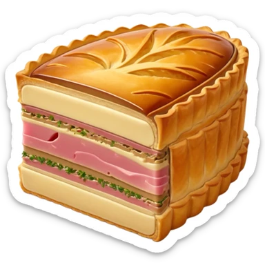 single thick slice of pâté en croûte with golden glossy pastry crust, visible pinkish meat and herbs filling, thin jelly layer near edges, slice upright or flat showing layers clearly, soft lighting, subtle shadows, emoji scale sticker