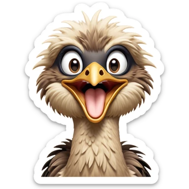 Cinematic Cute Yawning Emu Portrait Emoji, Head tilted slightly with a dramatic, wide-open yawn, showcasing a soft, downy brown plumage with gently drooping feathers and eyes barely open in drowsy contentment, Simplified yet irresistibly adorable features, highly detailed, glowing with a soft, cozy glow, high shine, relaxed yet expressive, stylized with a touch of outback charm, bright and endearing, soft glowing outline, capturing the essence of a sleepy yet affectionate emu, so drowsy it feels like it could stretch out of the screen and curl up for a nap! sticker