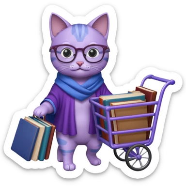 Purple and blue cat with reading glasses and a shawl, pushing a cart full of books sticker