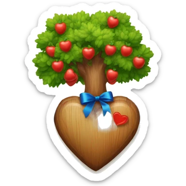 A tree whith wooden red heart fruits + blue ribbon sticker