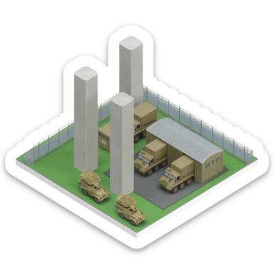 a military industrial building from an overhead view in a foreign country in the style of dark realism sticker