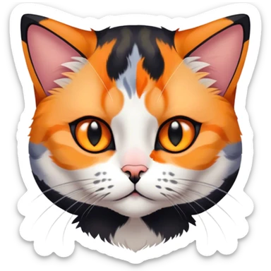 American shorthair calico cat with black fur on the right side of their face and orange on the left side sitting down sticker