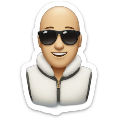 bald smile emoji wearing big black sunglasses in white furry fleece vest sticker