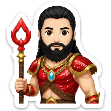 Mars, God of War from Gods and Goddesses with long black hair and beard, red and black sequin outfit, light tan skin sticker