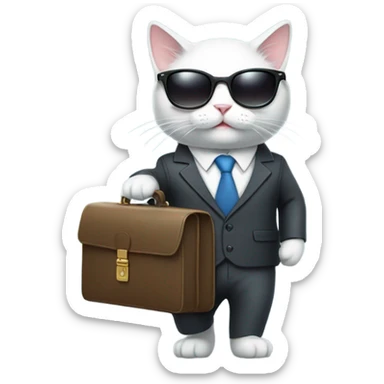 White cat in a business suit, holding a briefcase and wearing sunglasses  sticker