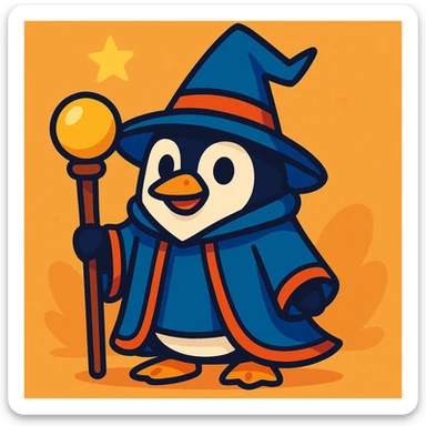 a penguin dressed as a wizard, with a pointy hat and a magic staff, in a charming, colorful style sticker