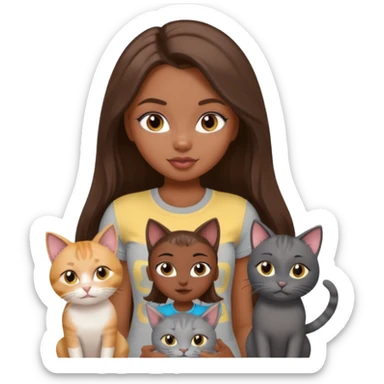 a pretty bratz dusky girl with long brown hair with four cats nd wearing a grey tshirt sticker