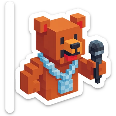 Russian grizzly bear with a silver rapper chain, holding a microphone sticker