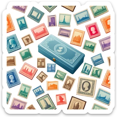 Icon for Stamp Collecting: a large stamp block in the center and a collection of vintage and colorful stamps arranged in an album or on a desk, with showcasing different themes. The icon should reflect the charm and history of philately. Transparent background. sticker