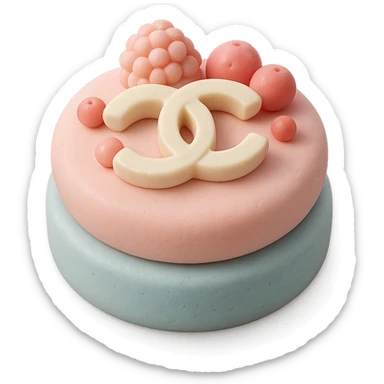 pastel Chanel tartlet, topped with a white chocolate logo and berries sticker