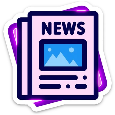 newspaper with breaking news headline, neon glow effect, blue neon glow on top left, purple neon glow on bottom right sticker