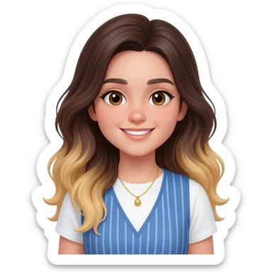 An adult girl with an oval-shaped face and feminine features, long dark brown wavy hair fading to blonde at the ends with light bangs. Thick dark eyebrows, large expressive eyes, and a warm smile. She is wearing a white T-shirt with a blue striped vest and a delicate golden necklace. sticker