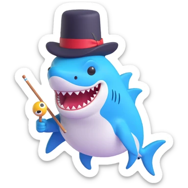 Add a cane to the dapper shark with a monocle and top hat, keep the 3D emoji style, no background. sticker