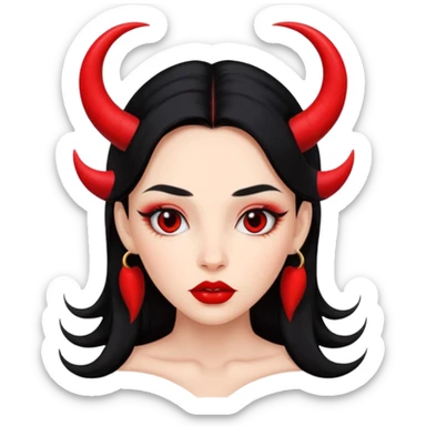A girl's face with cheekbones, skin red, long black hair, small red horns, big lips sticker