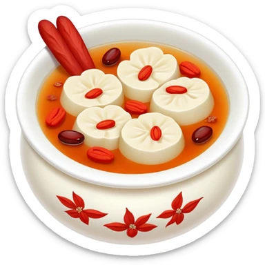 Sweet white fungus soup with red dates and goji berries, simplified emoji style with bold outlines and bright colors, cartoon style Yin Er Tang dessert sticker