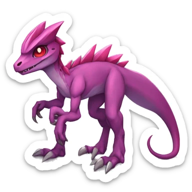 Chibi-Anthro Mauve-maroon-red-colored edgy anthro-genesect-velociraptor-scalie-sona-Fakémon-hybrid with a purple-pink mane on head and back and horns full body sticker