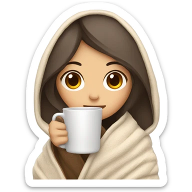 Asian girl wrapped in cozy blanket drinking coffee sticker