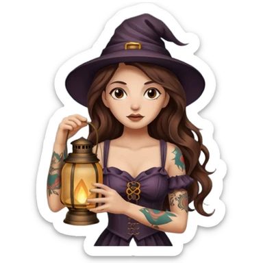 tired night witch woman long wavy brown hair tattoos holding lantern sticker