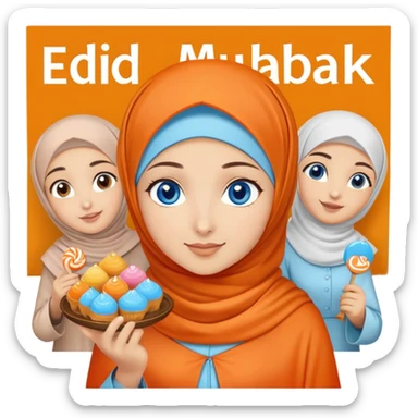 Turkish beautiful finish Konya girl blue eyes with orange hijab islamic dress and had on her hand text Eid Mubarak with sweets and celebrating with her friends eid days   sticker